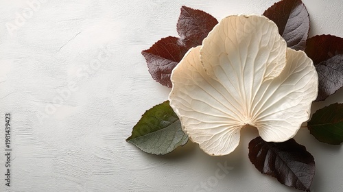 Elegant botanical composition featuring a decorative leaf and varied foliage display