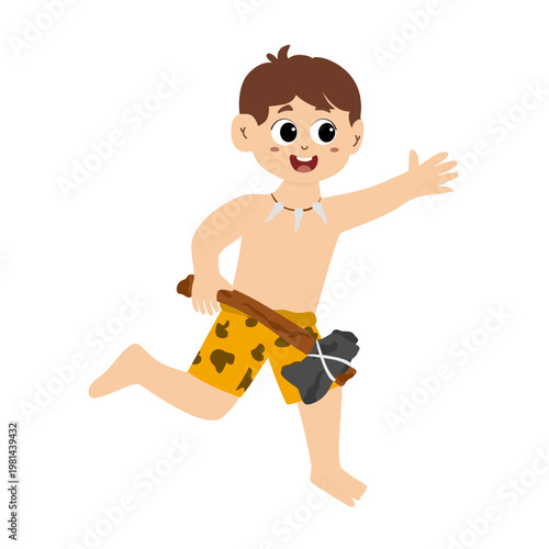 Little kid funny stone age prehistoric man, primitive caveman cartoon character vector. caveman costume vector illustration