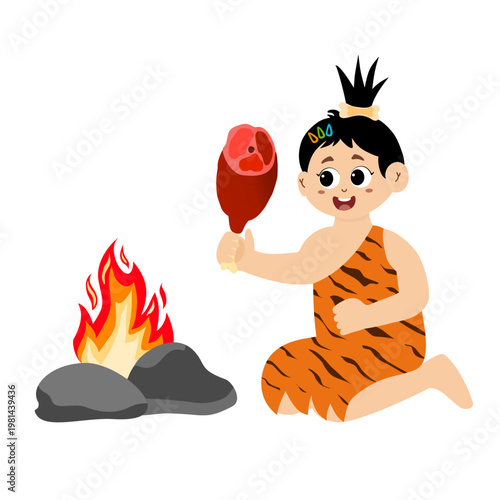 Little kid funny stone age prehistoric man, primitive caveman cartoon character vector. caveman costume vector illustration