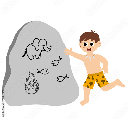 Little kid funny stone age prehistoric man, primitive caveman cartoon character vector. caveman costume vector illustration