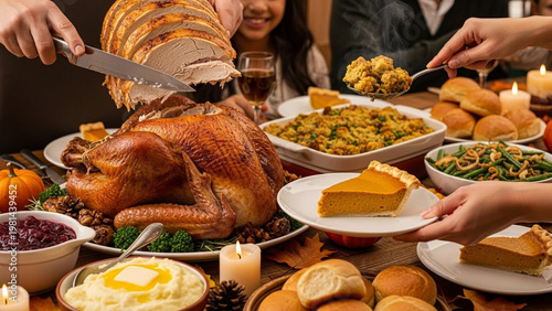Golden roasted turkey carving with steaming stuffing and pumpkin pie on a candlelit Thanksgiving dinner table background