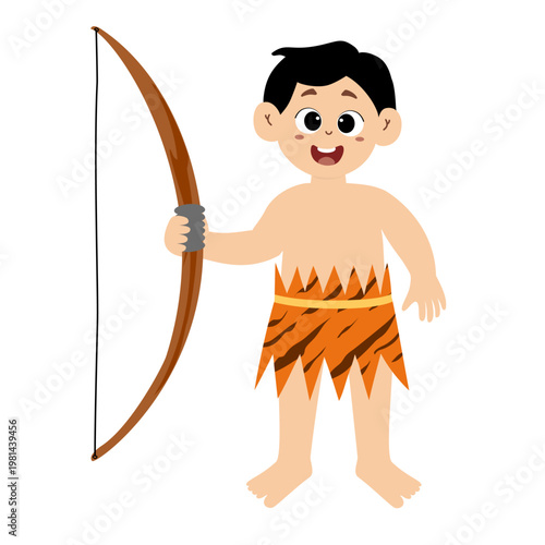 Little kid funny stone age prehistoric man, primitive caveman cartoon character vector. caveman costume vector illustration