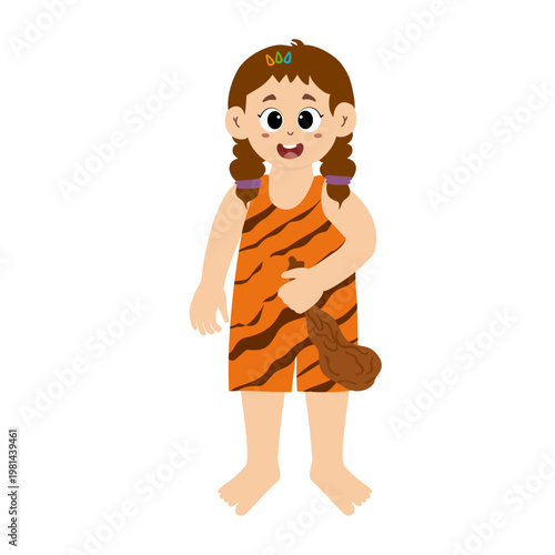 Little kid funny stone age prehistoric man, primitive caveman cartoon character vector. caveman costume vector illustration