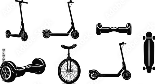 electric scooter and personal transport icons, hoverboard skateboard unicycle collection, urban mobility devices, eco friendly transportation, black silhouette illustration