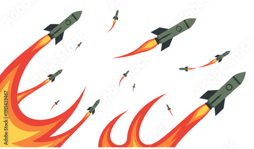 Stylized multiple rocket missile attack with fire trails vector illustration isolated on white background for war and defense concept design