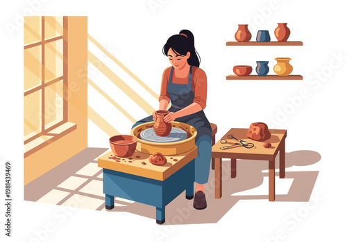 Woman working on pottery wheel ceramics.