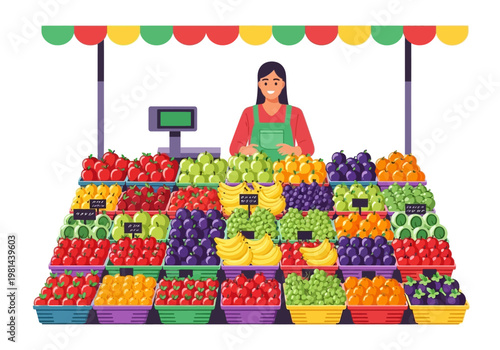 Woman selling fresh colorful fruit stand.