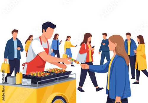 Man serving food to woman outside.