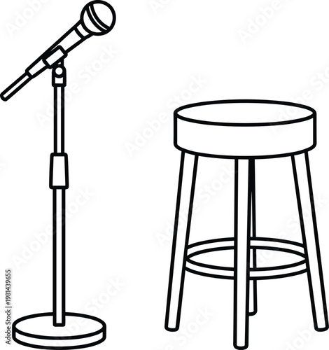 microphone and stool icon, stand up comedy stage setup, live performance equipment illustration, podcast recording concept, minimal black outline design