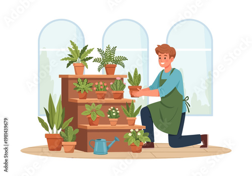 Man holding potted plant indoor gardening.