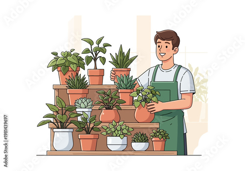 Man holding potted plant in greenhouse.