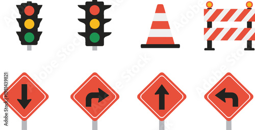 Traffic, signs, road, safety, icon, set, signal, construction, warning, direction, vector, illustration, transport, symbol, street, control, design, graphic, navigation, collection