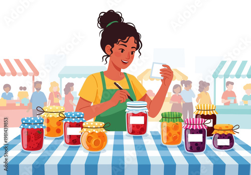 Woman selling homemade jam jars market.
