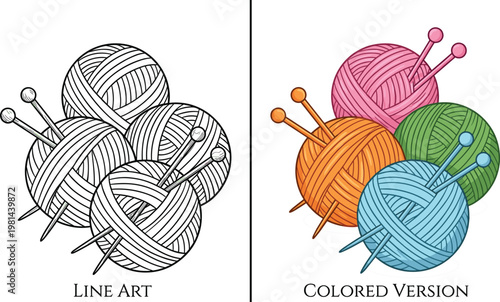 Knitting yarn balls line art and colored illustration comparison, handmade craft supplies, wool skeins with needles and creative hobby concept