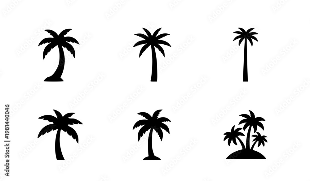 Obraz premium Minimal palm tree silhouettes tropical beach black vector set