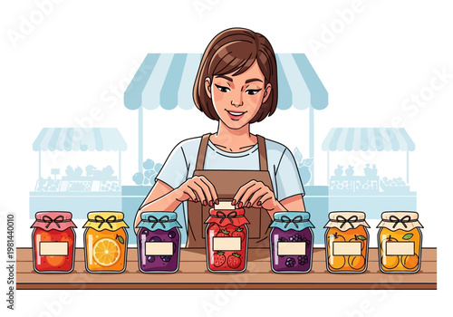 Woman selling colorful jam jars.