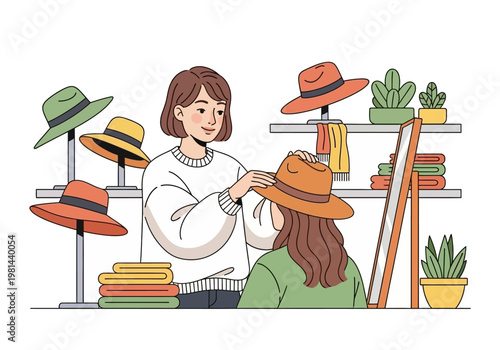 Woman trying on a hat.