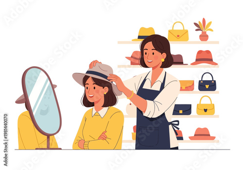 Woman trying on a hat.