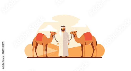Arab Man in Traditional Clothing with Two Camels in Desert Landscape Illustration