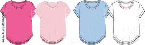 Women curved hem t shirt set illustration multiple colors short sleeve casual apparel vector collection isolated on clean background
