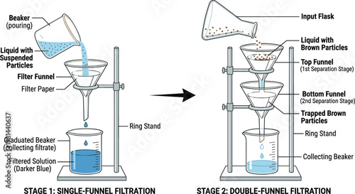 Laboratory filtration process diagram illustration with single and double funnel stages, scientific experiment setup and liquid separation method concept