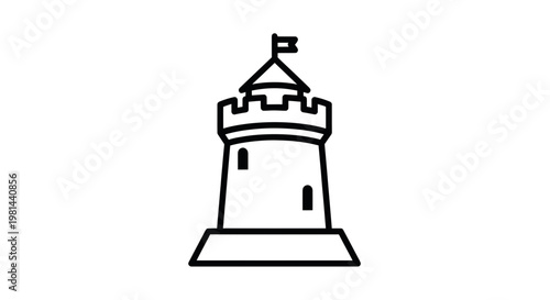 Simple Line Icon of a Medieval Watchtower with Flag