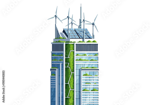 Sustainable skyscraper with solar panels.