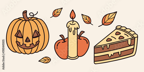 Autumnal still life featuring a pumpkin candle apple and pie slice