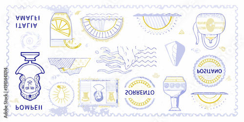 Ancient egyptian artifacts and symbols illustrated in a hand drawn style