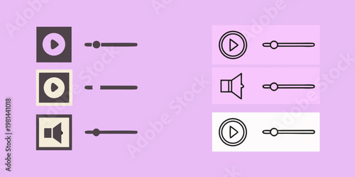 Minimalist icons depicting media playback and volume controls on lilac