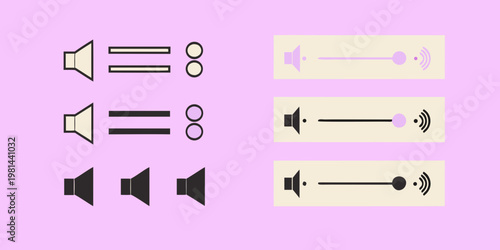 Minimalist illustrations depicting sound waves and speaker components