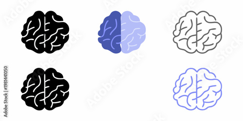 Stylized brain illustrations in varying shades of blue black and white