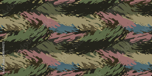 Abstract camouflage pattern with brushstroke like shapes in muted tones