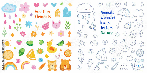 Colorful hand drawn doodles featuring weather animals fruits and playful elements