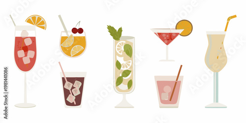 Collection of colorful summer cocktails and refreshing drinks illustrated digitally