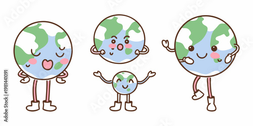 Cute cartoon earth characters with different expressions and poses shown