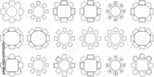 Geometric patterns of squares and circles arranged in repeating rows