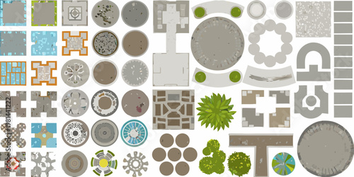 Assorted top down game assets tiles decorations and environmental elements