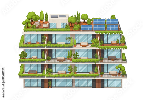 Modern apartment building with green roof.