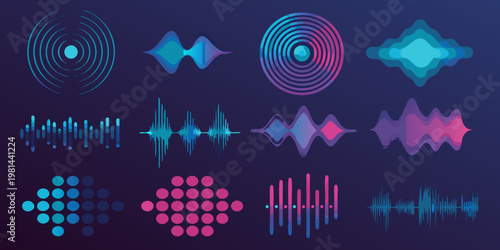 Abstract sound waves and digital patterns in vibrant blue and pink hues