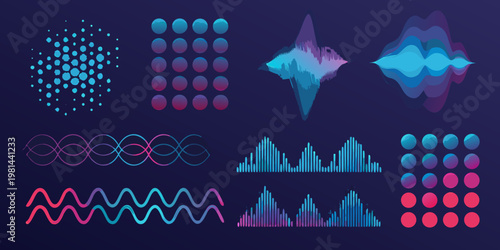 Abstract sound waves and audio visualizations in vibrant blue and pink tones