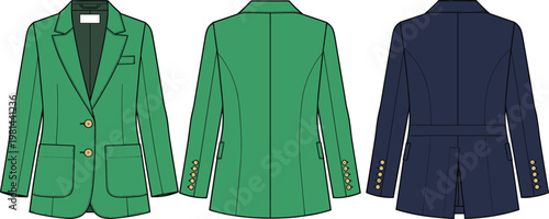 Women's tailored blazer jacket front and back views flat fashion illustration elegant formal office wear vector apparel design