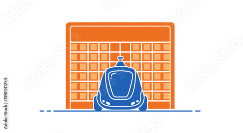 Future of Logistics: Flat Vector Illustration of an Automated Delivery Robot and Smart Pickup Lockers for E-commerce and Last Mile Delivery