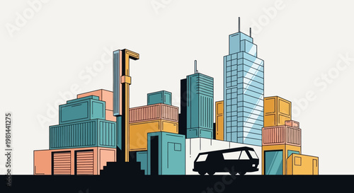 Modern Modular Architecture and Logistics City Illustration with Shipping Containers and Skyscrapers in Flat Design Style