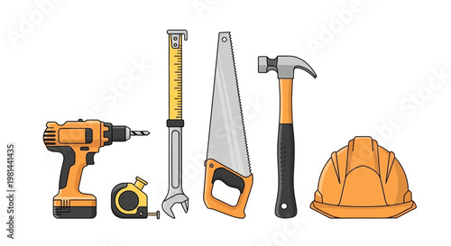 Set of Construction Hand Tools and Safety Helmet Vector Illustration - DIY and Home Improvement Concept