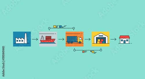 Supply Chain Management Infographic Illustration Showing Logistics Process from Factory to Retail Store with Ship, Truck, and Warehouse
