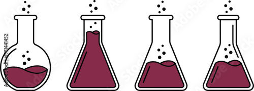Laboratory glassware set illustration with flasks containing liquid, chemistry experiment concept, scientific research equipment and education lab tools design