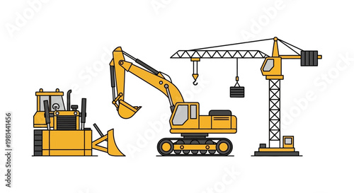 Flat Illustration of Heavy Construction Machinery: Excavator, Bulldozer, and Tower Crane on White Background