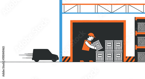 Warehouse Worker Stacking Boxes for Shipment with Delivery Van Vector Illustration
