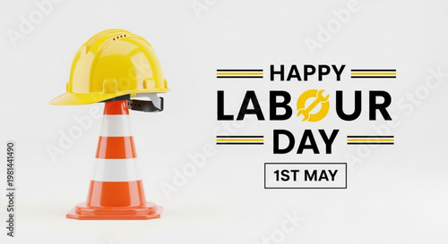 Happy Labour Day 2024 image, Construction worker's safety helmet placed on a traffic cone, celebrating May 1st holiday, promoting work safety awareness and appreciation for laborers